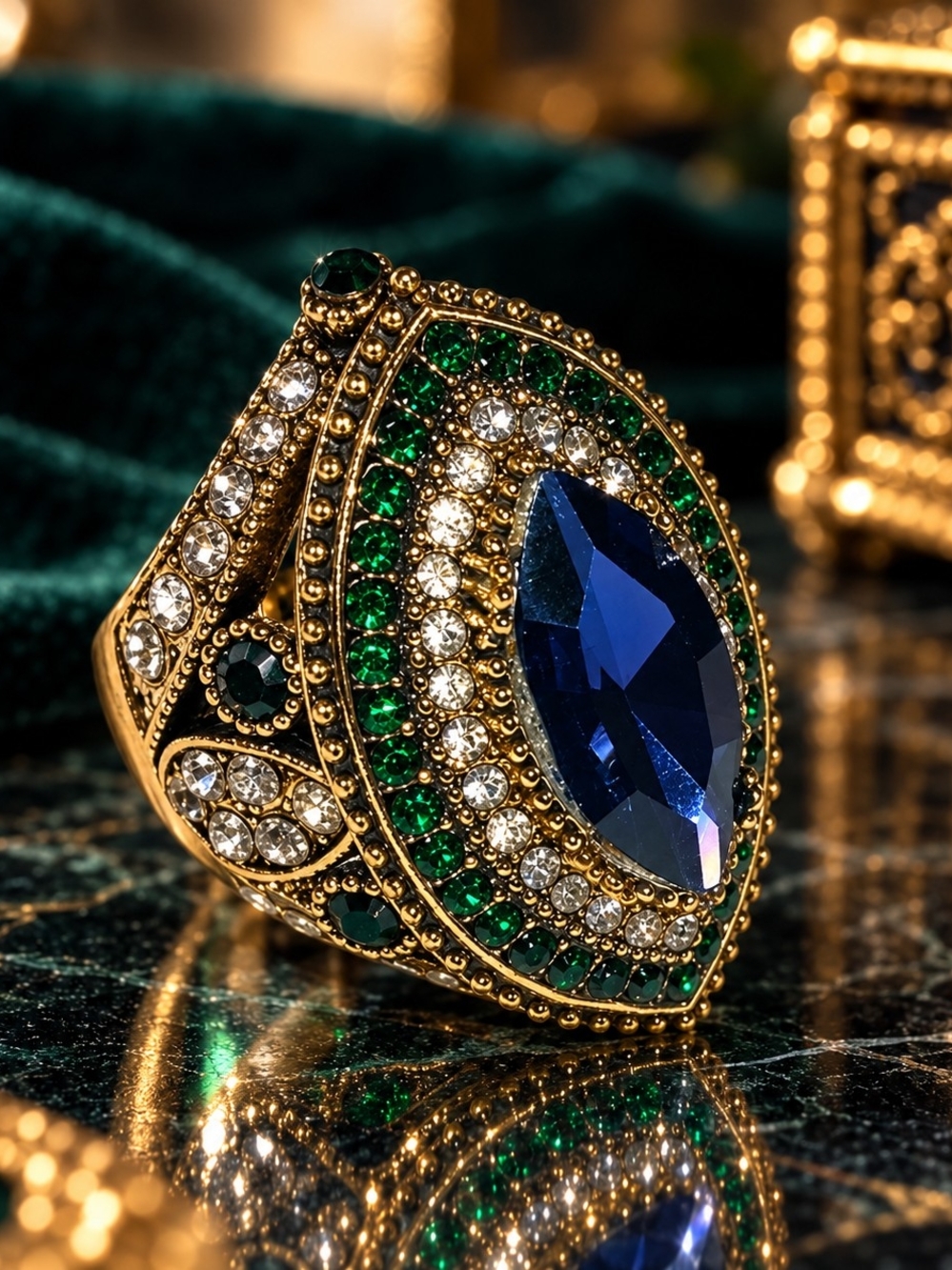 Blue Green & Clear Crystal Statement Ring Gold Tone Size 8
